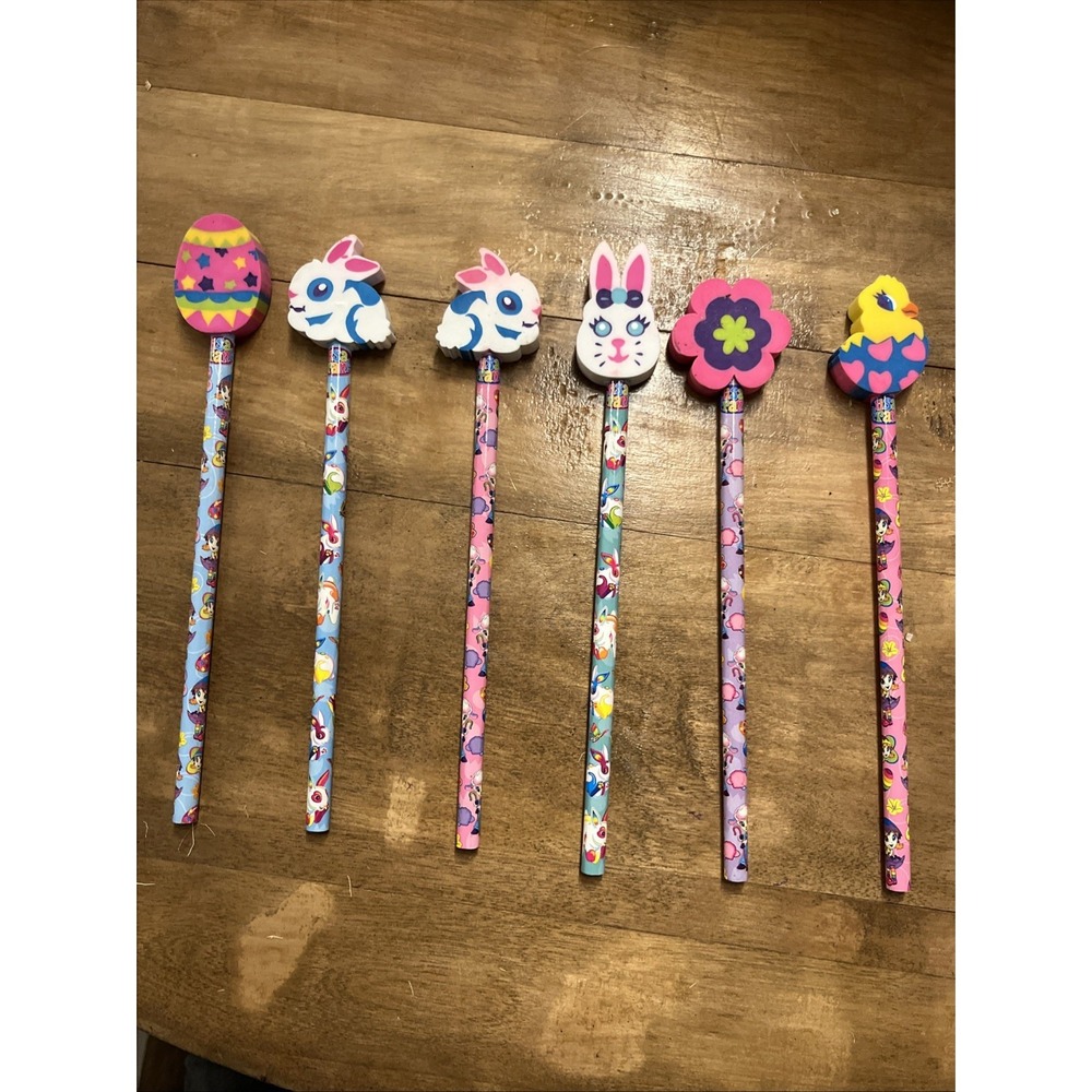 Vintage Lisa Frank Lot 6 NOS Pencils With Toppers Chick Egg Bear Egg Flower 90s